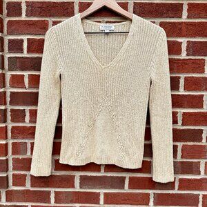 St John Sport by Marie Gray Rib Cable Knit Sweater Size P/S Gold Metallic V-Neck